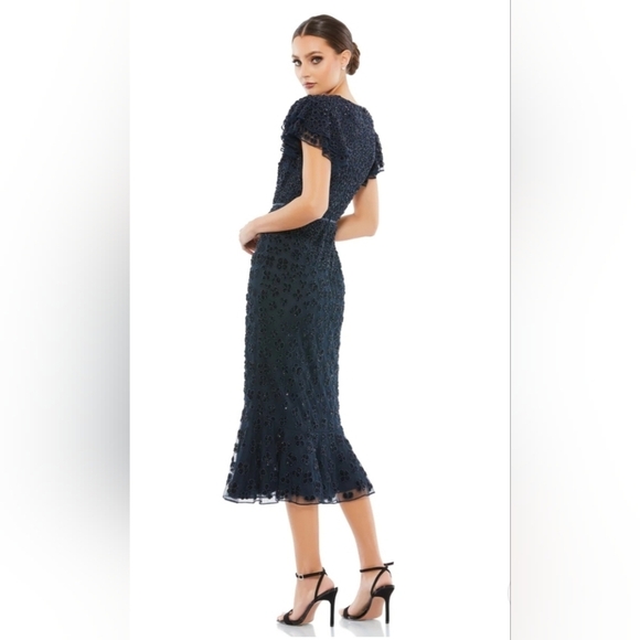 NWT Mac Duggal, Hand Beaded Flounce Sleeve Midi Dress, Midnight, Size 8 - $498 - Picture 2 of 12